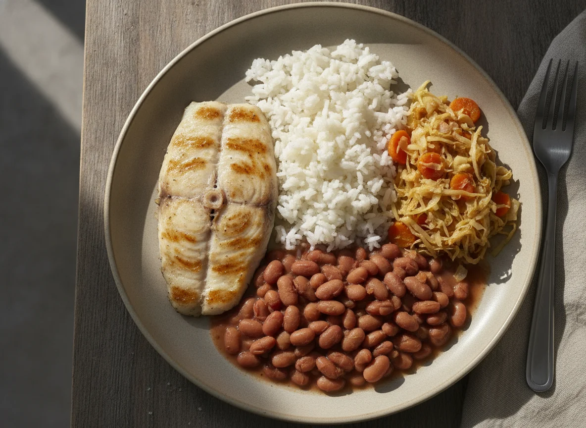 Peixe grelhado com arroz, feijão e salada de legumes photo