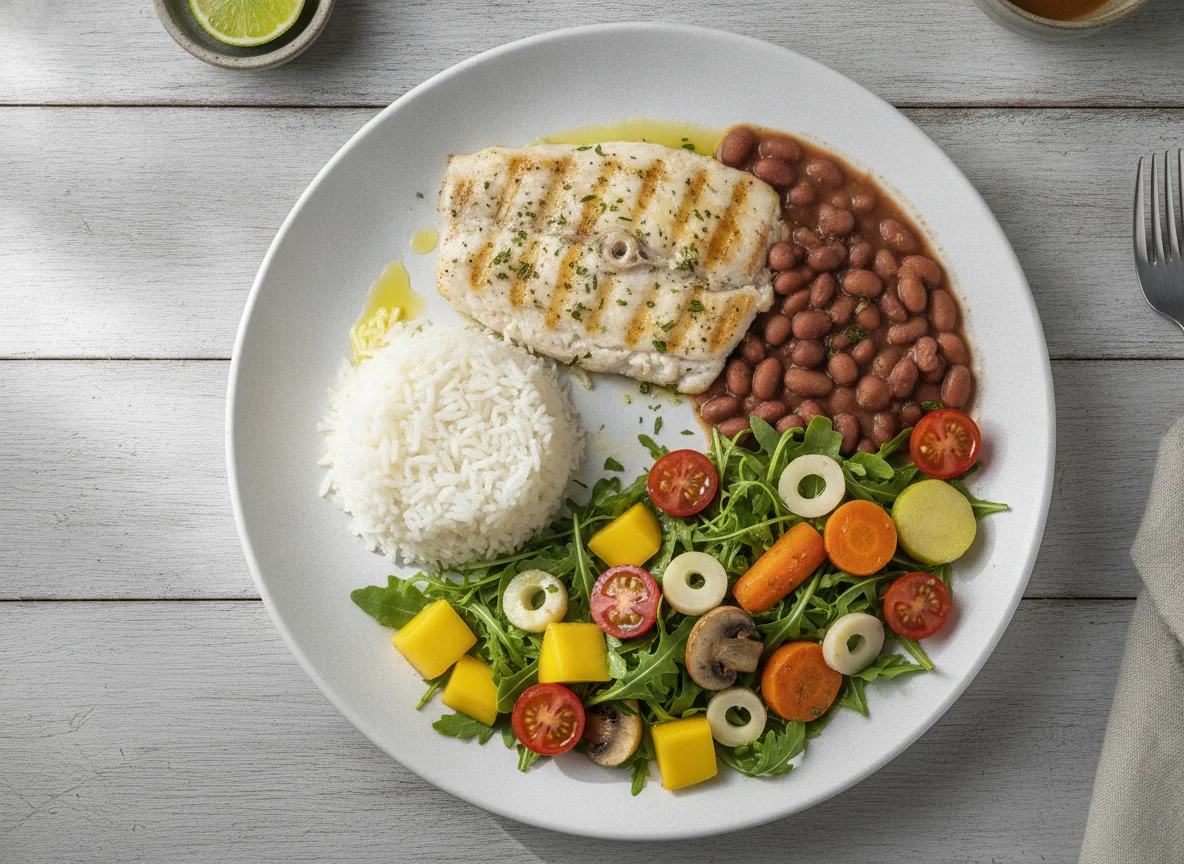 Peixe grelhado com arroz, feijão e salada mista photo