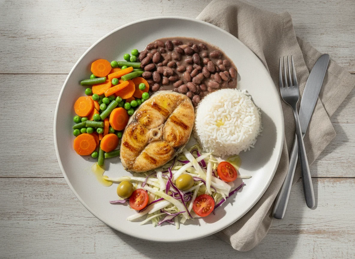 Peixe grelhado com arroz, feijão, legumes e salada de repolho photo