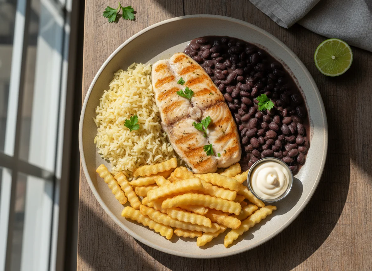 Peixe grelhado com arroz, feijão preto e batatas fritas photo