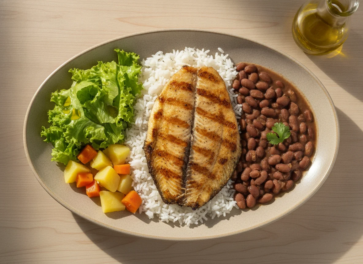 Peixe grelhado com arroz, feijão, salada e legumes photo