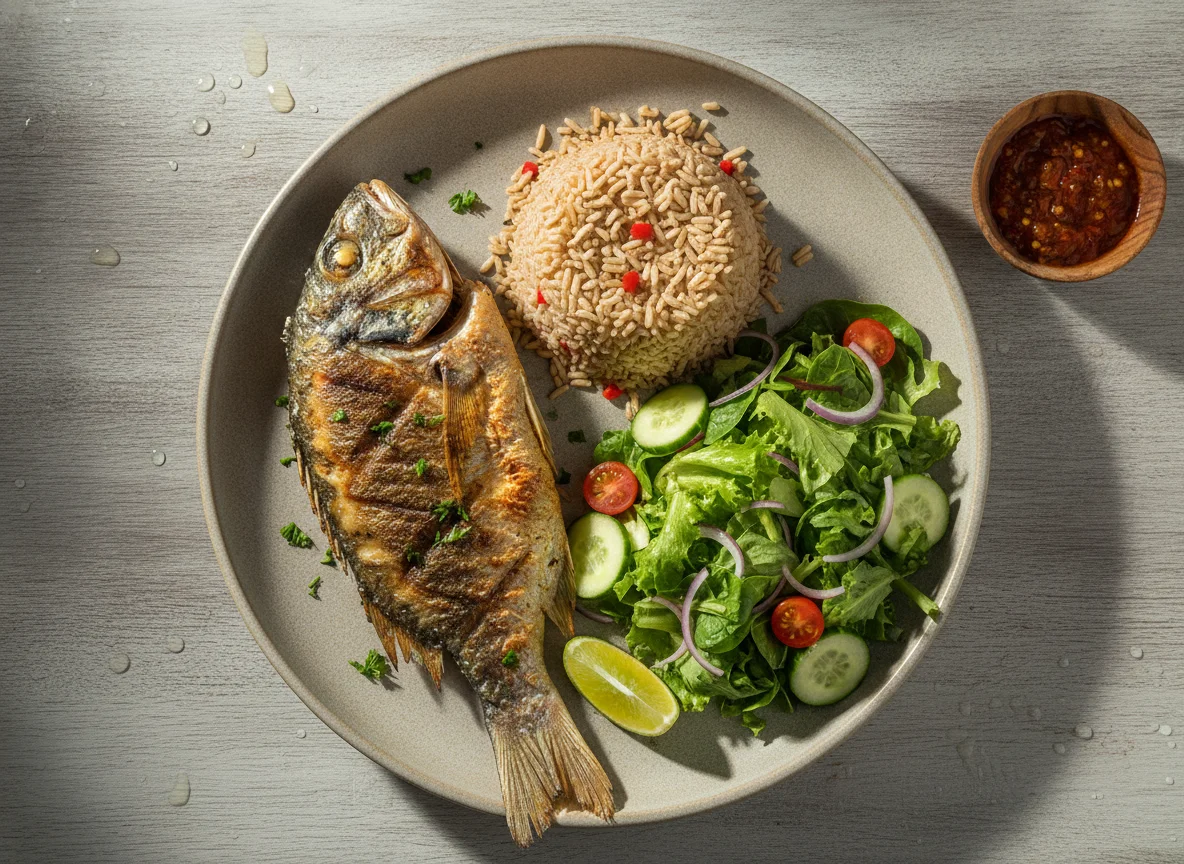 Peixe grelhado com arroz integral e salada photo