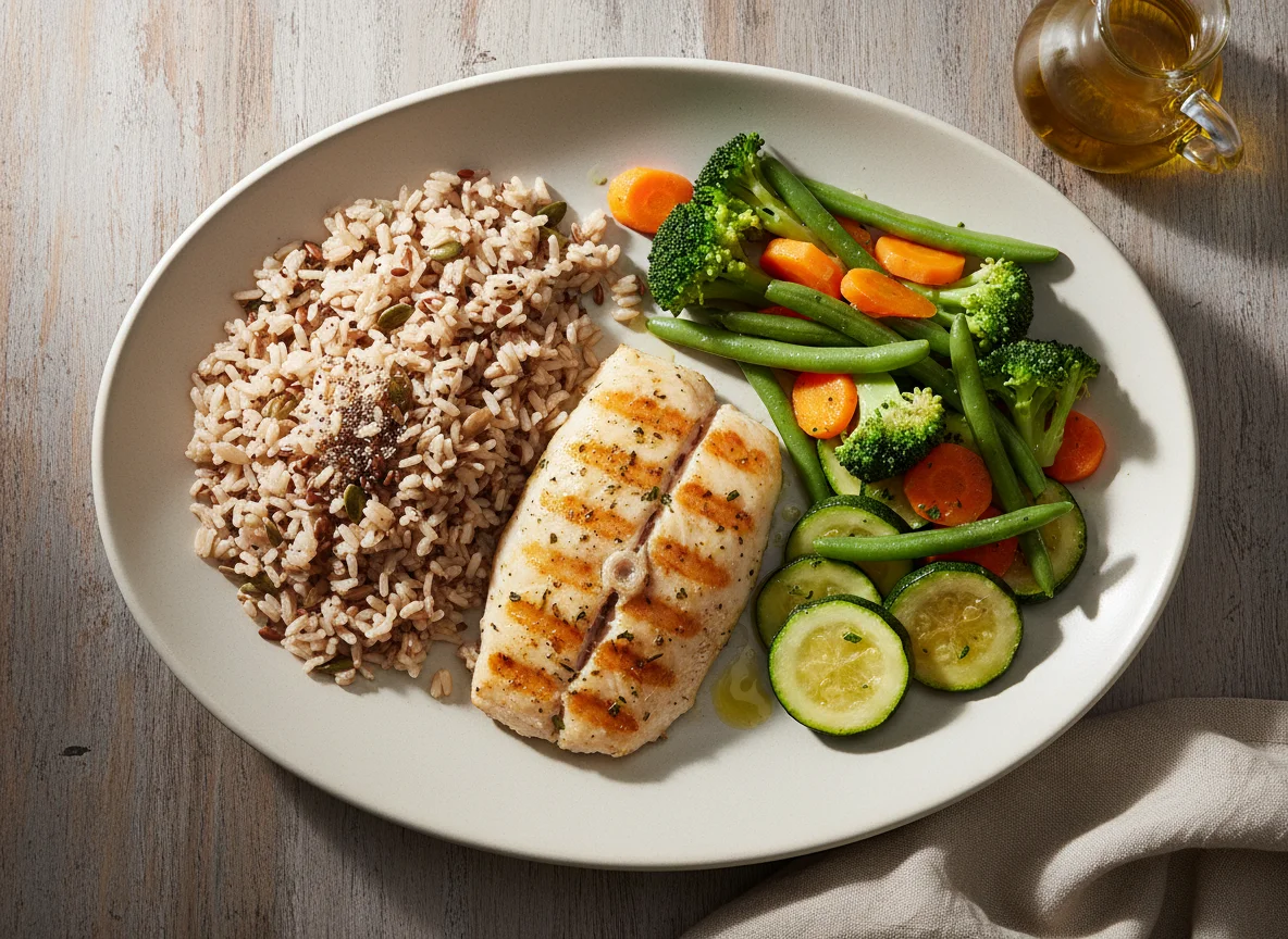 Peixe grelhado com arroz integral e vegetais photo