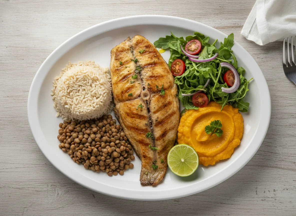 Peixe grelhado com arroz, lentilha, purê de abóbora e salada photo