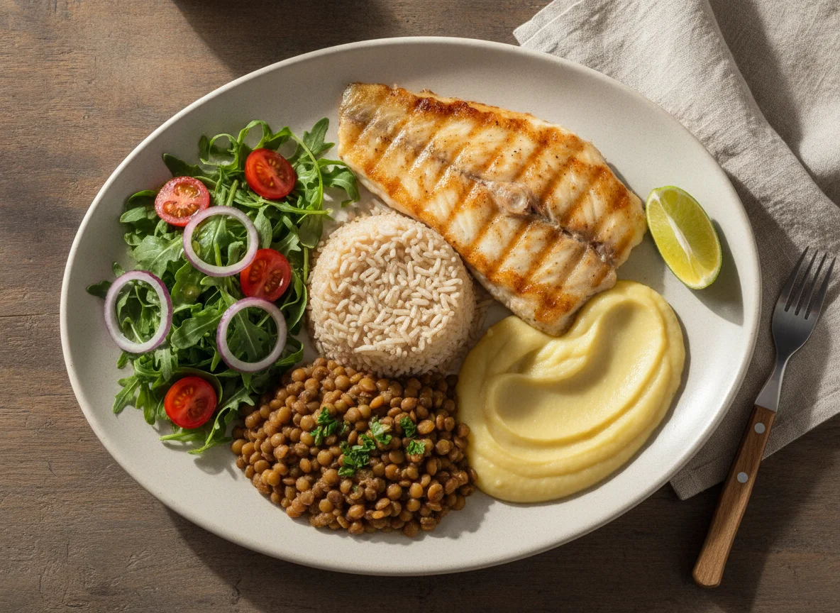 Peixe grelhado com arroz, lentilha, purê de mandioquinha e salada photo
