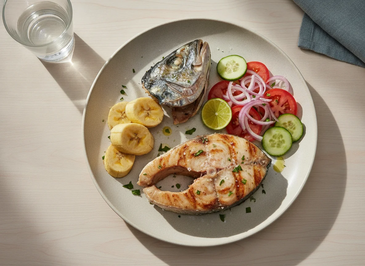 Peixe grelhado com banana cozida e salada photo