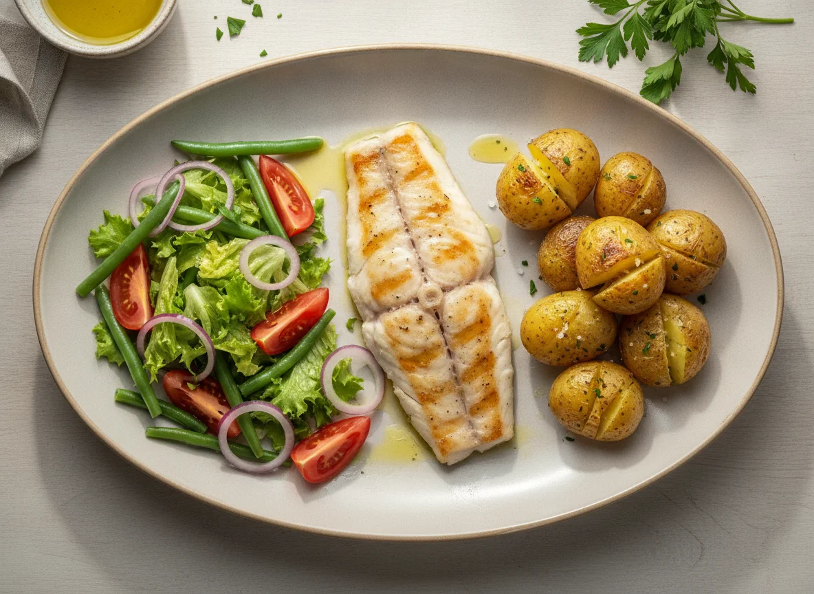 Peixe grelhado com batata a murro e salada photo