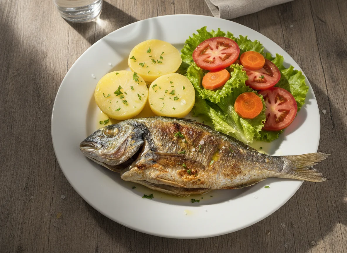 Peixe grelhado com batata cozida e salada photo