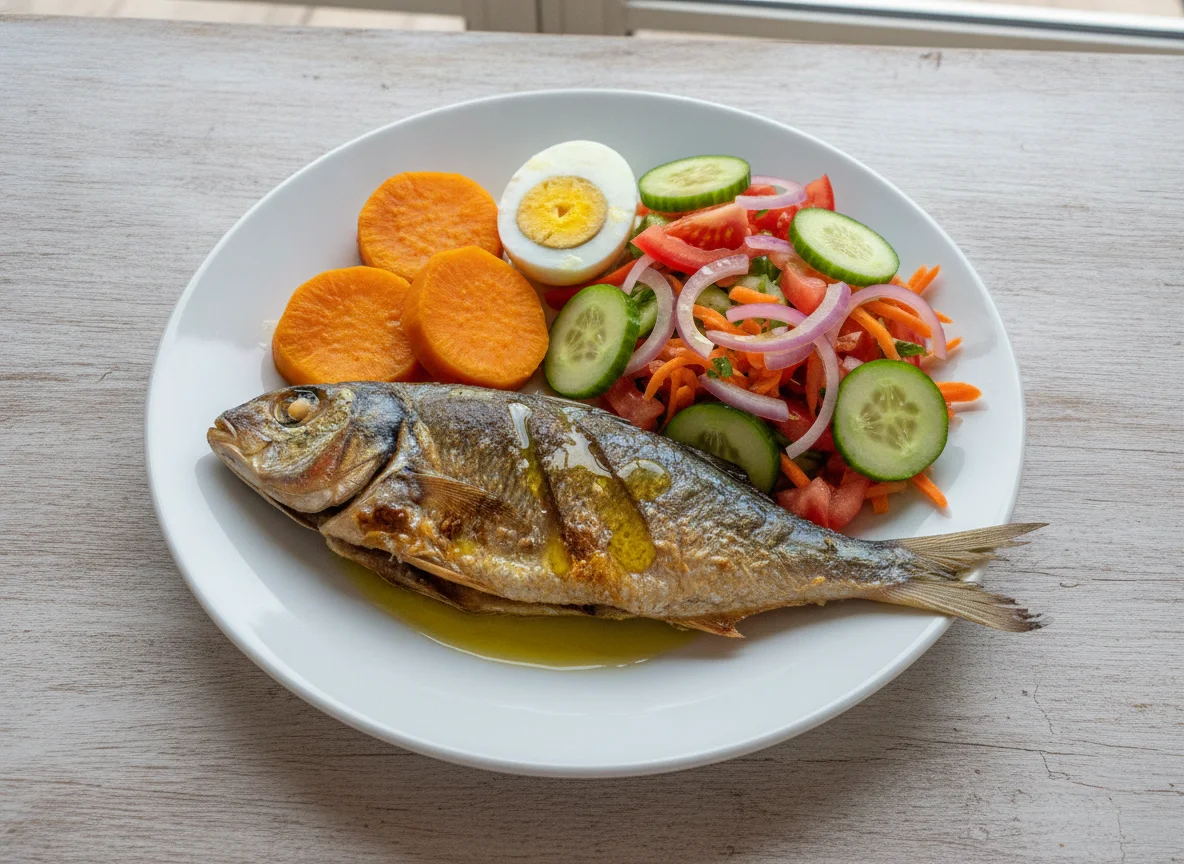 Peixe Grelhado com Batata Doce, Ovo Cozido e Salada de Chachimbombo photo