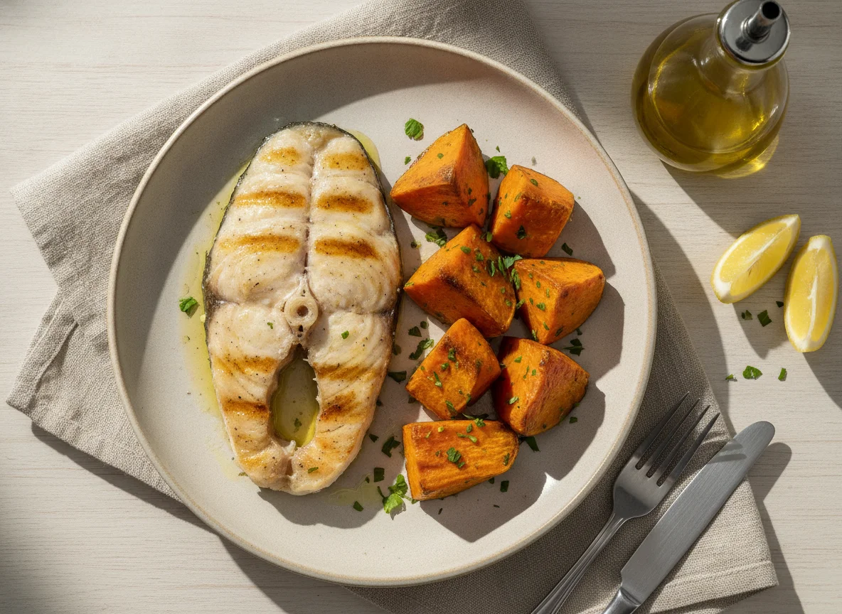 Peixe grelhado com batata-doce photo