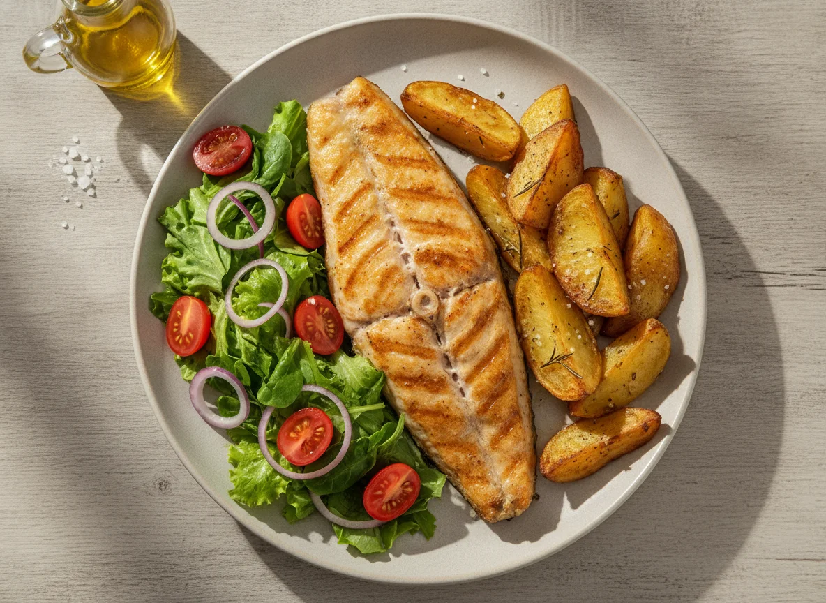 Peixe grelhado com batatas assadas e salada mista photo