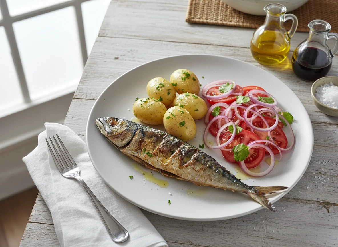 Peixe grelhado com batatas cozidas e salada photo