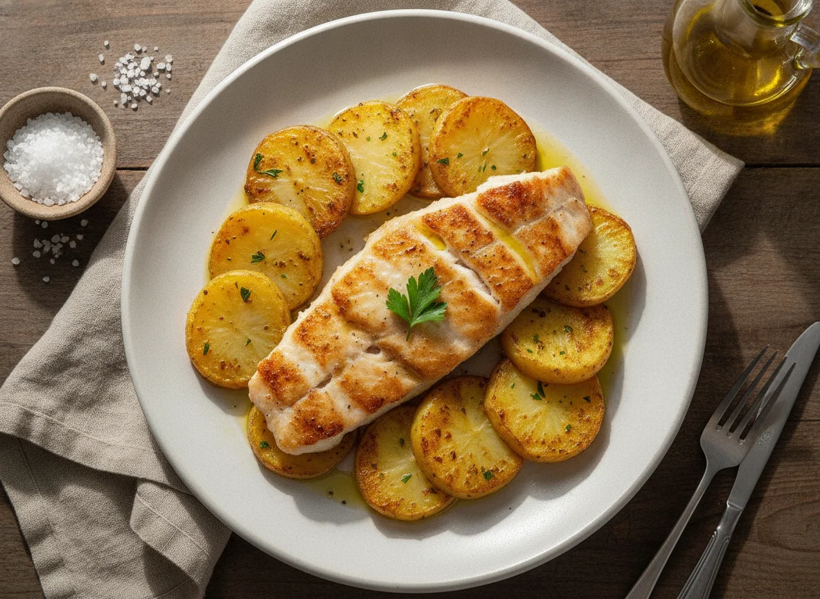 Peixe grelhado com batatas douradas photo