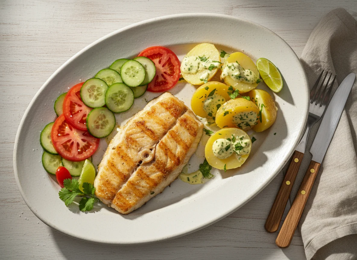 Peixe grelhado com batatas e salada photo