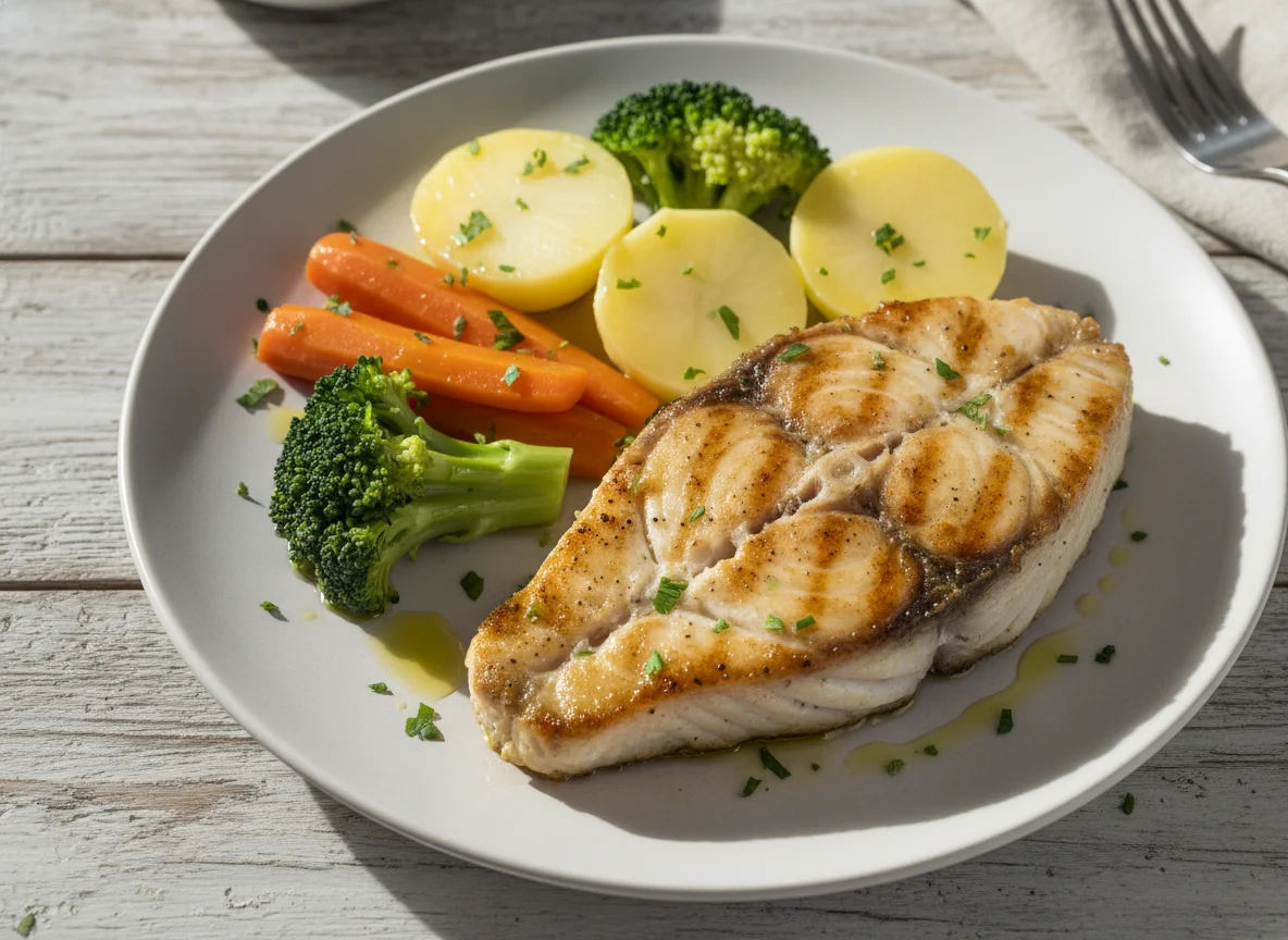 Peixe grelhado com batatas e vegetais photo