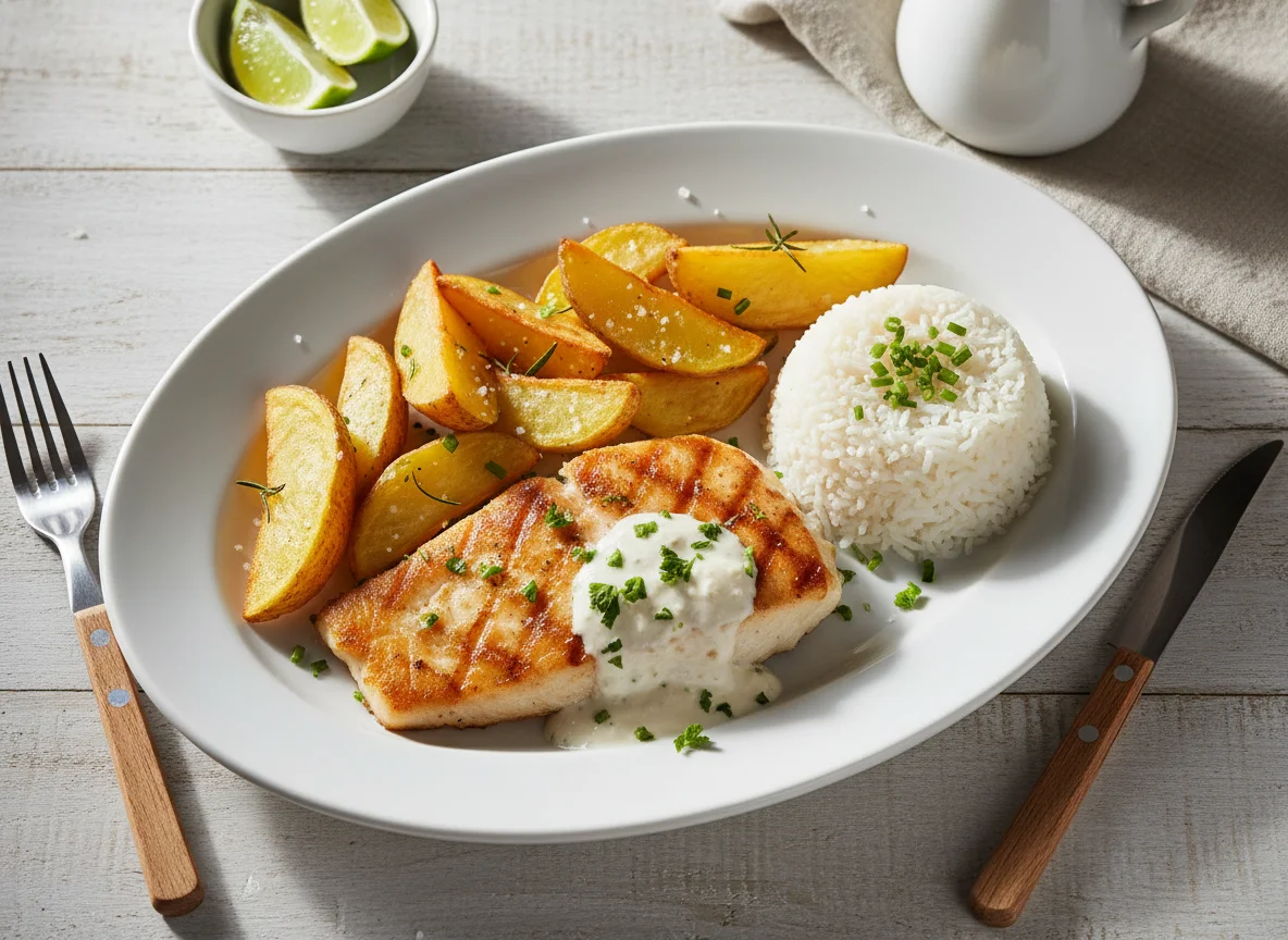 Peixe grelhado com batatas rústicas e arroz photo