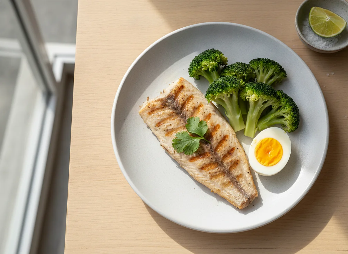 Peixe grelhado com brócolis e ovo cozido photo