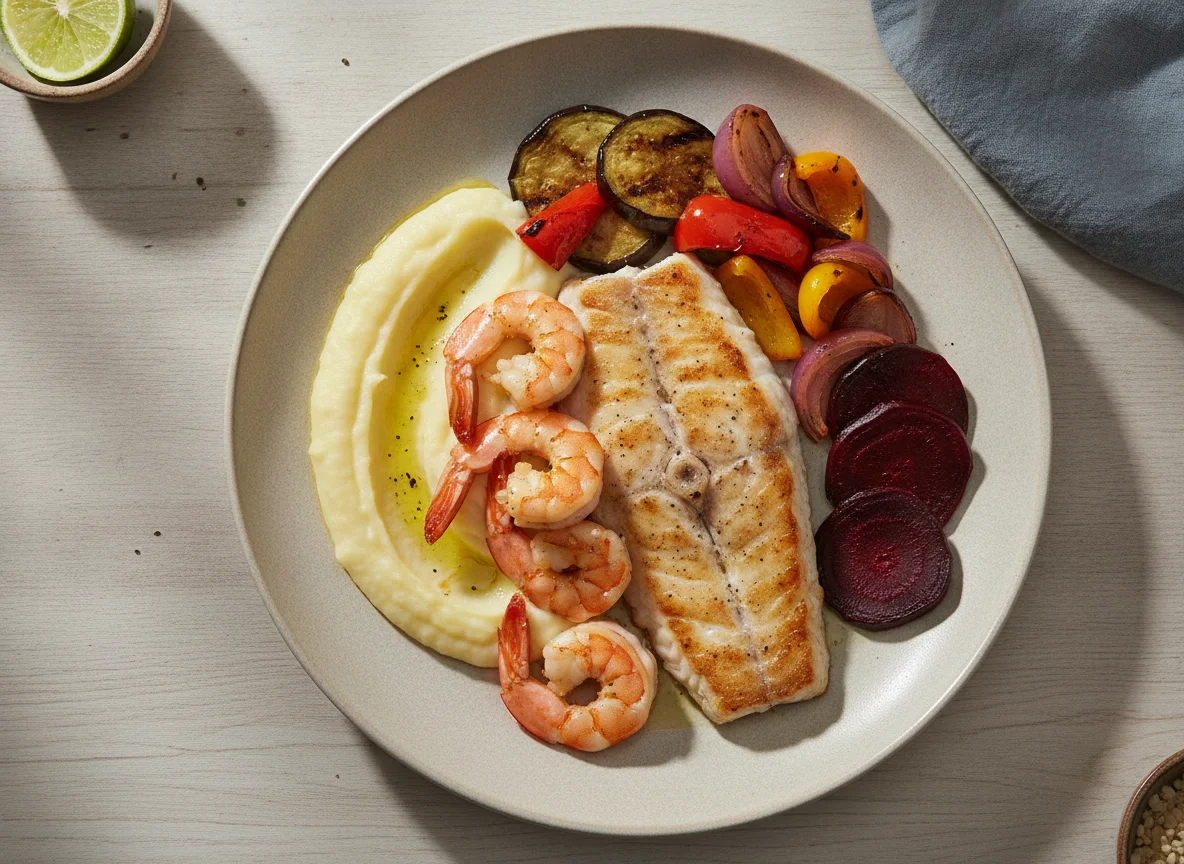Peixe grelhado com camarão, purê de batata e legumes photo