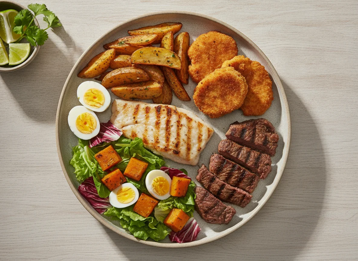 Peixe grelhado com carne bovina, frango empanado e salada photo