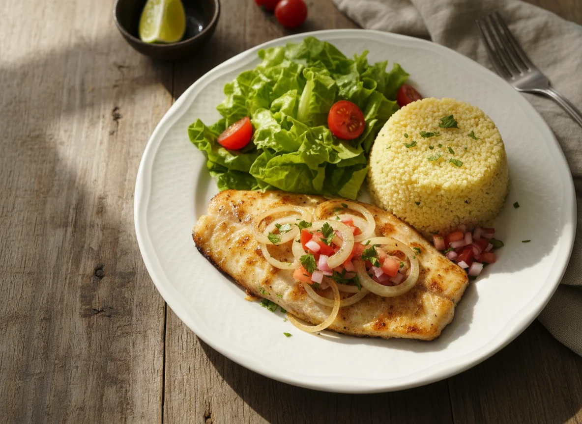 Peixe grelhado com cuscuz e salada photo