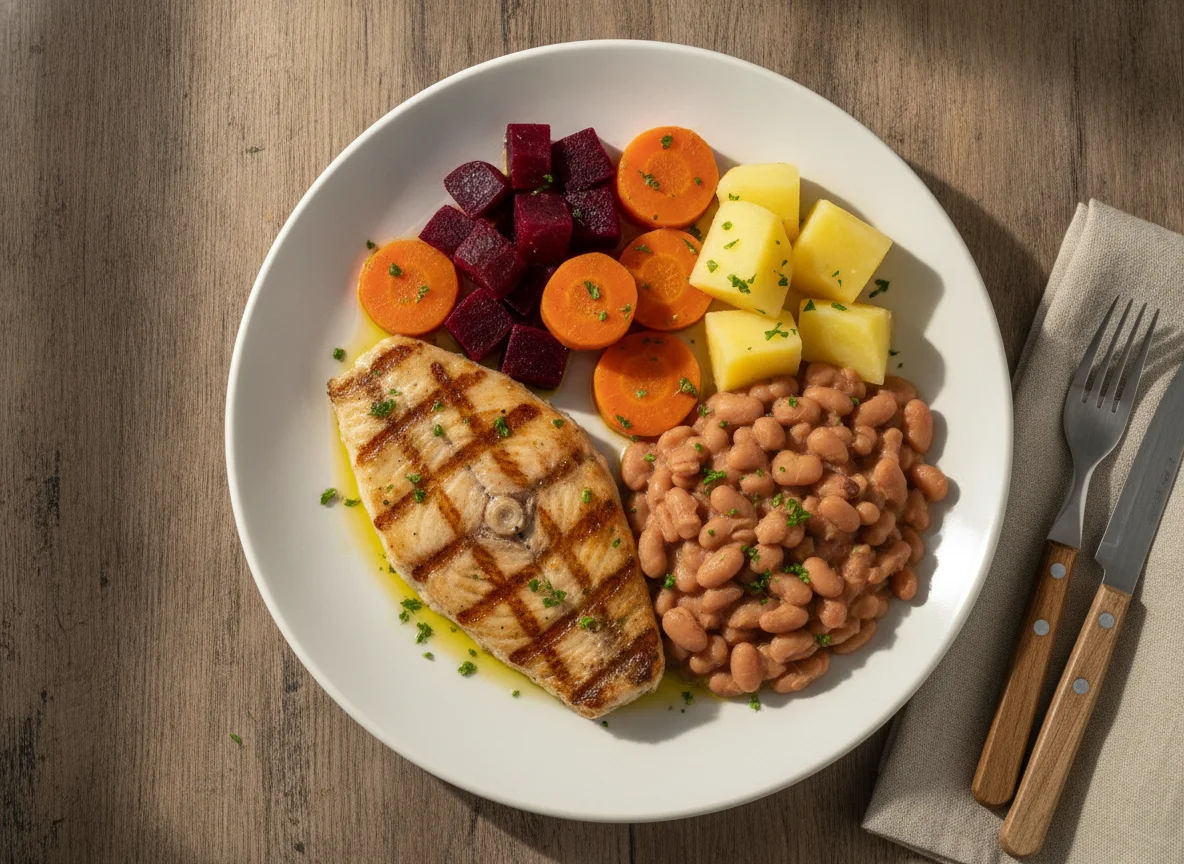 Peixe grelhado com feijão e legumes cozidos photo