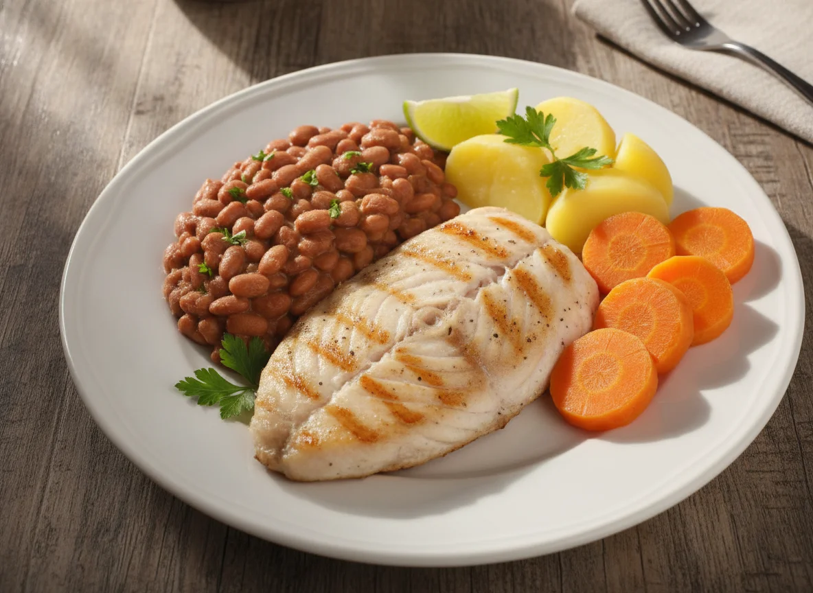 Peixe grelhado com feijão e legumes photo