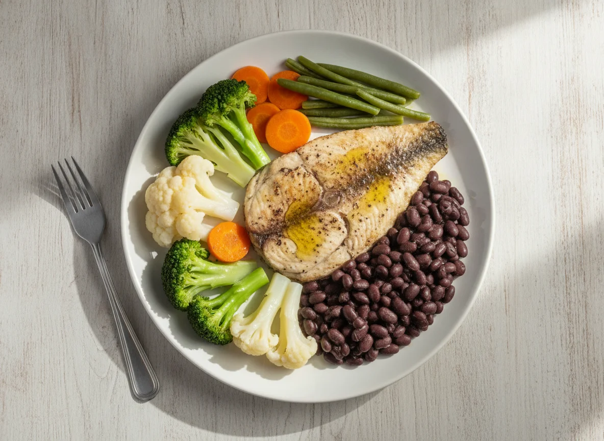 Peixe grelhado com feijão preto e legumes photo