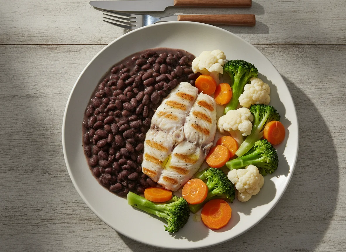 Peixe grelhado com feijão preto e vegetais photo