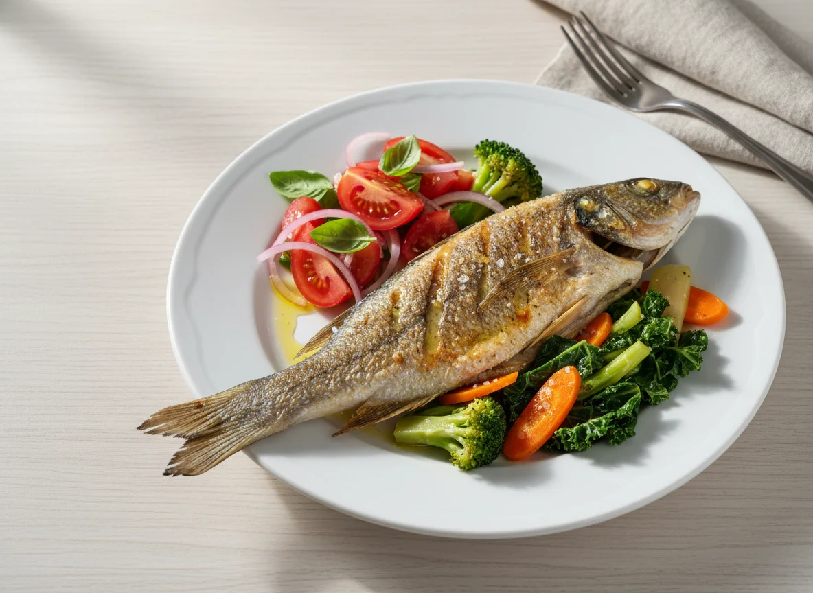 Peixe grelhado com legumes photo