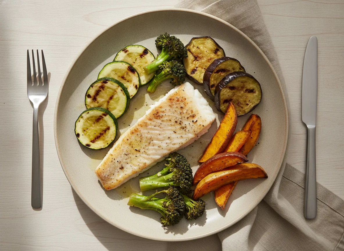 Peixe grelhado com legumes assados photo