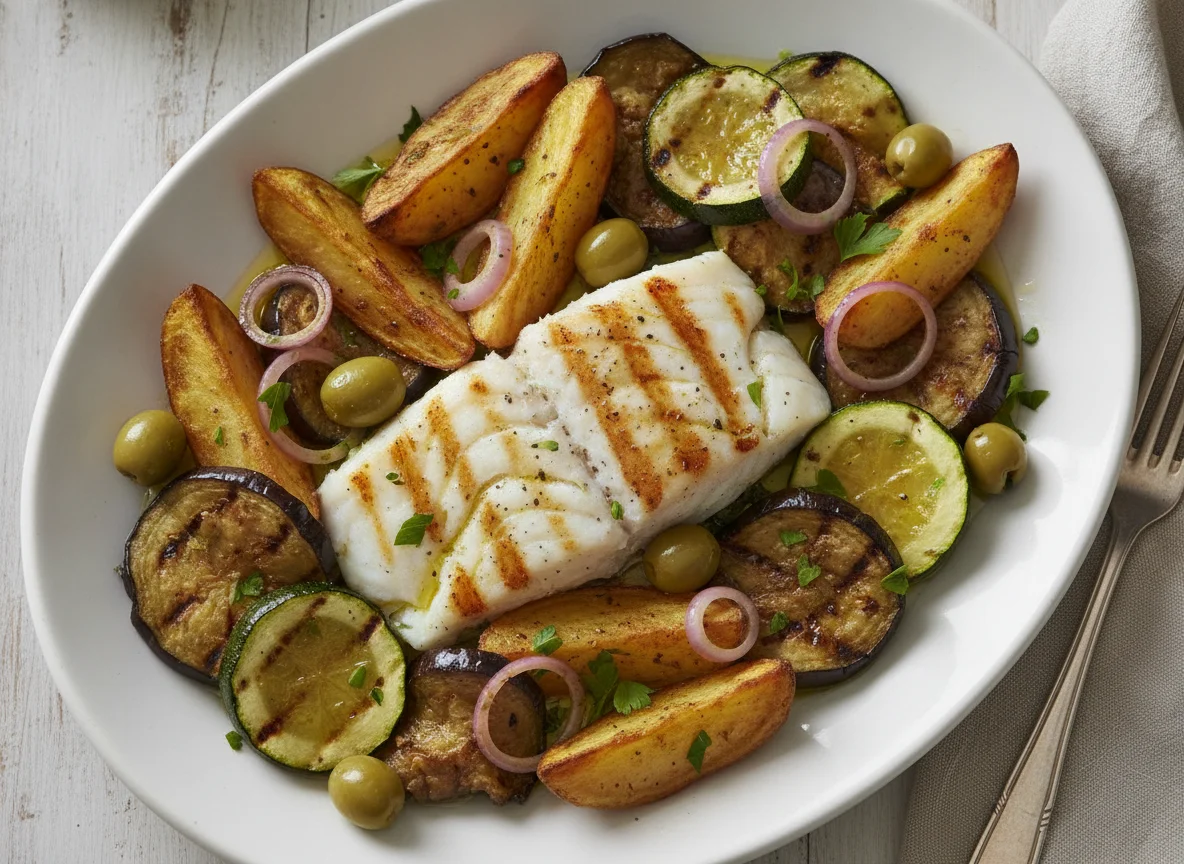 Peixe grelhado com legumes assados e batatas photo
