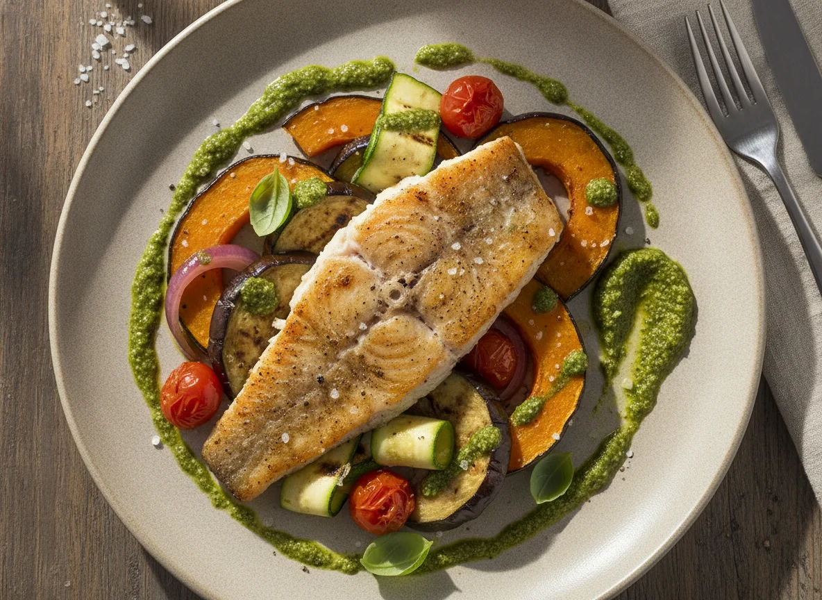 Peixe grelhado com legumes assados e molho pesto photo
