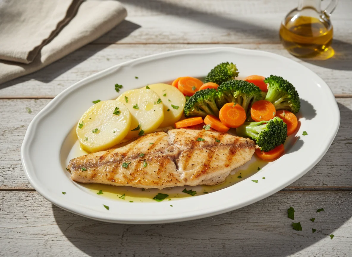 Peixe grelhado com legumes cozidos photo