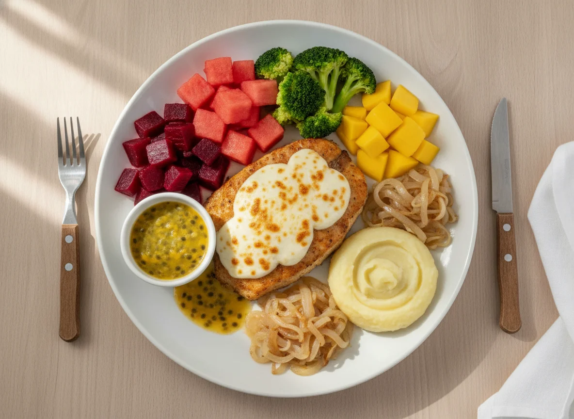 Peixe grelhado com legumes e frutas photo