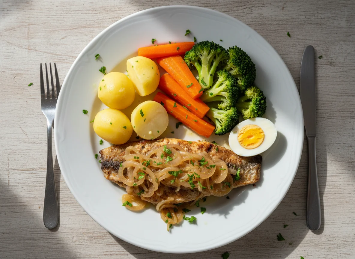 Peixe grelhado com legumes e ovo photo
