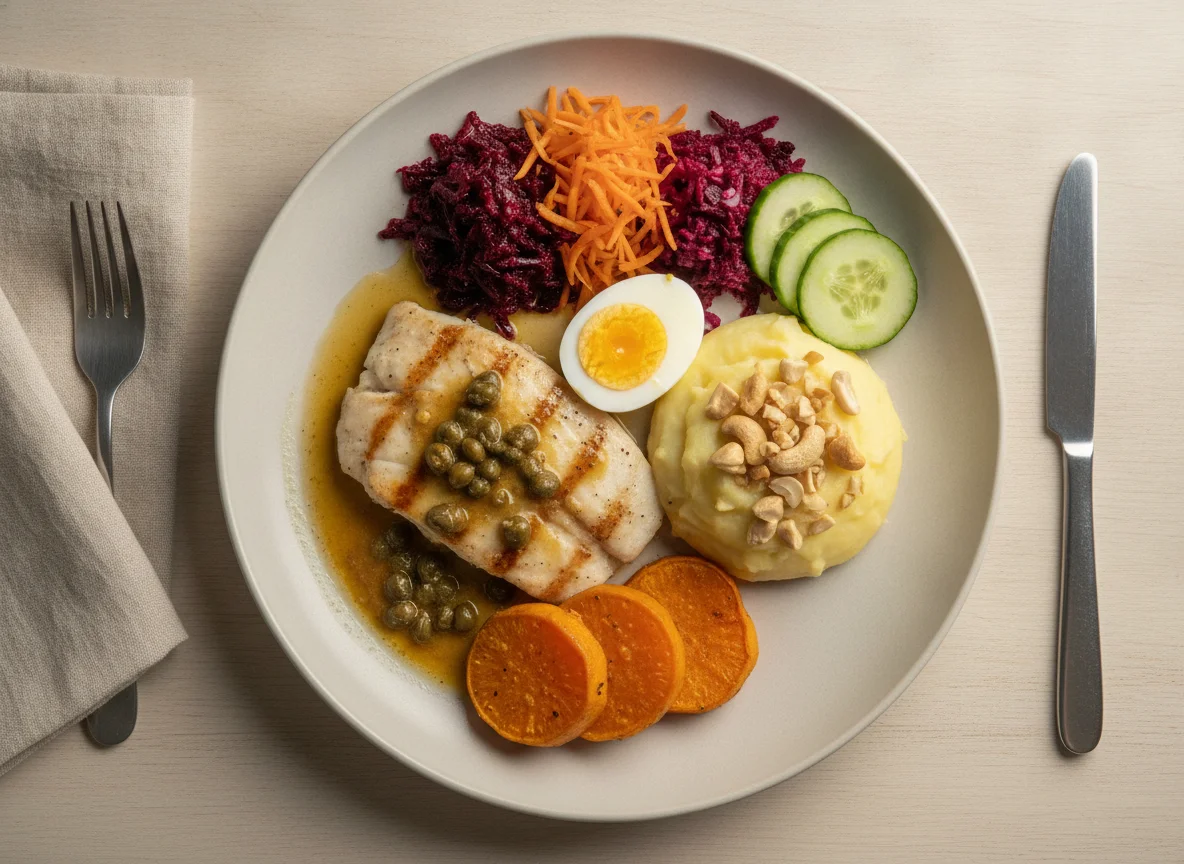 Peixe grelhado com legumes e ovo cozido photo