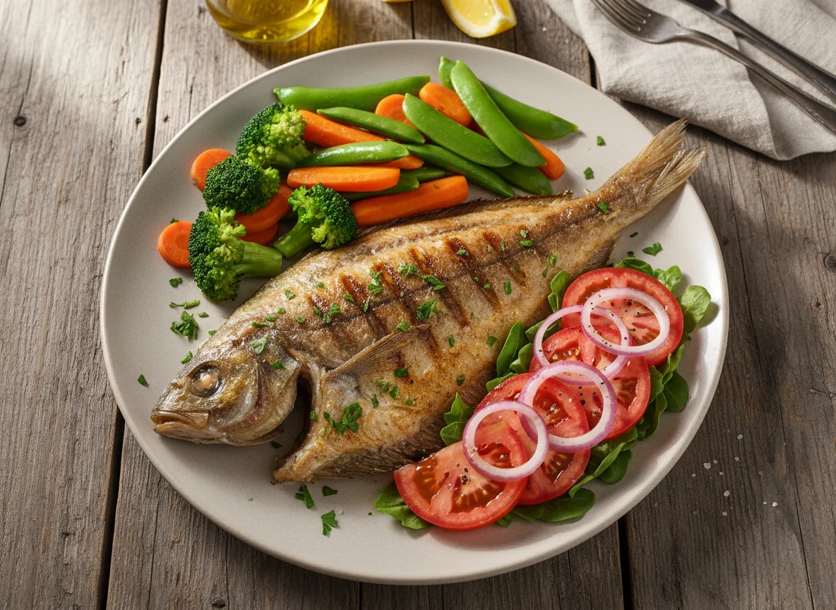 Peixe grelhado com legumes e salada de tomate photo