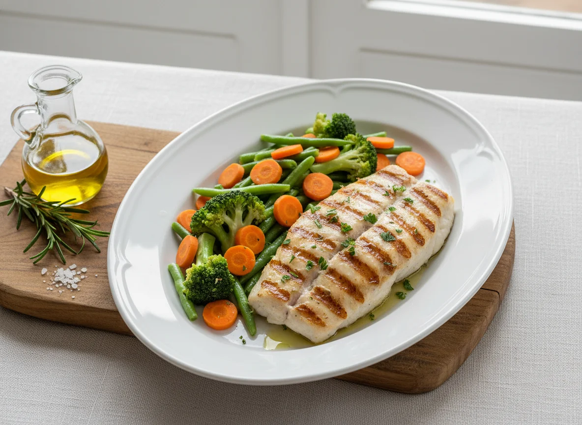 Peixe grelhado com legumes salteados photo