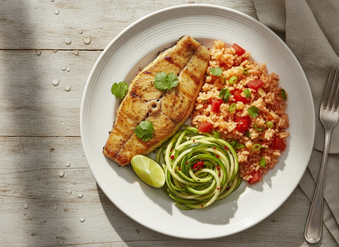 Peixe grelhado com macarrão de abobrinha e arroz de tomate photo