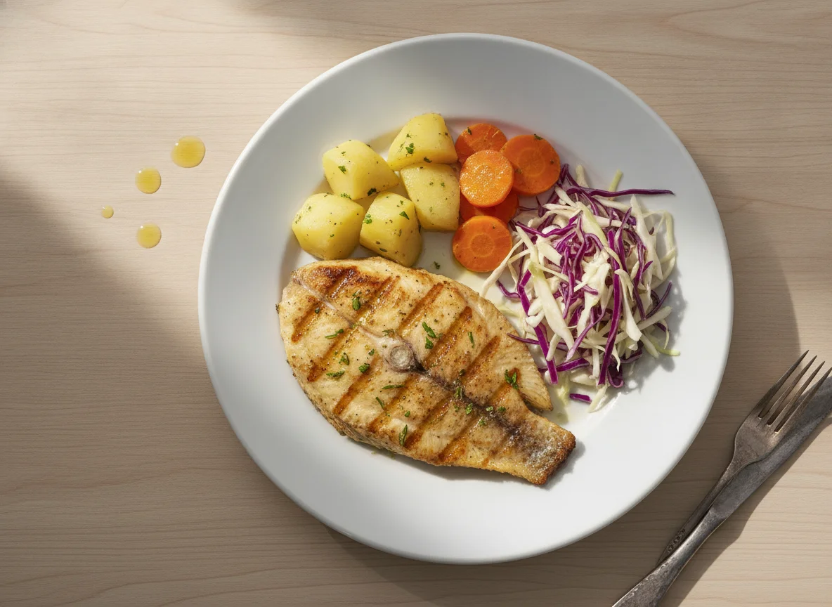 Peixe grelhado com mandioquinha, cenoura e salada de repolho photo