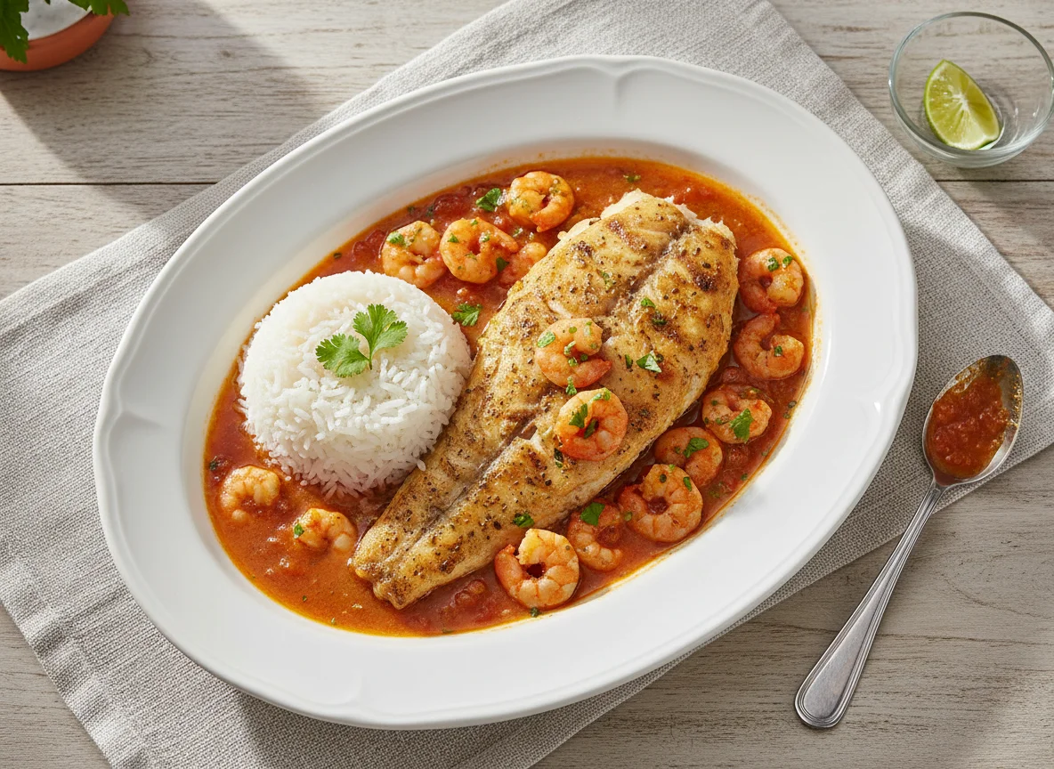 Peixe grelhado com molho de camarão e arroz branco photo