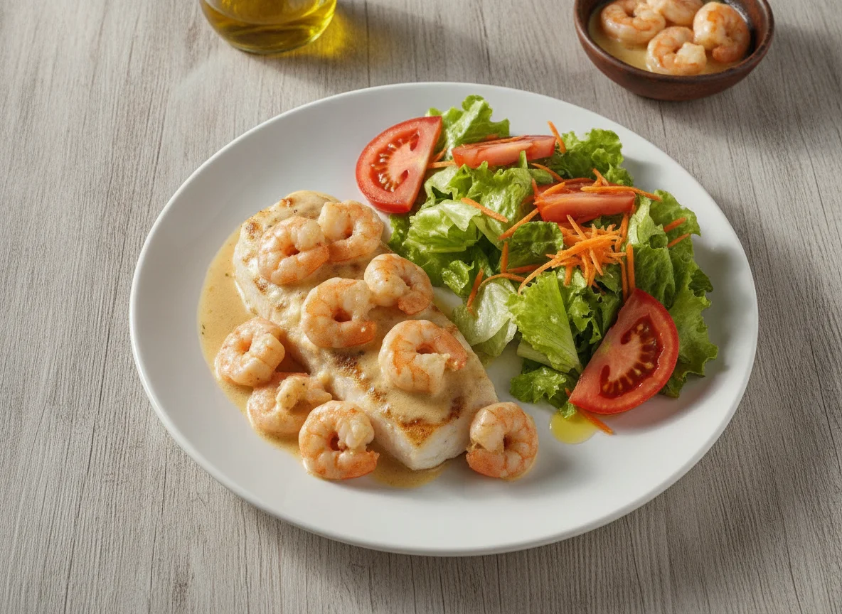 Peixe grelhado com molho de camarão e salada mista photo