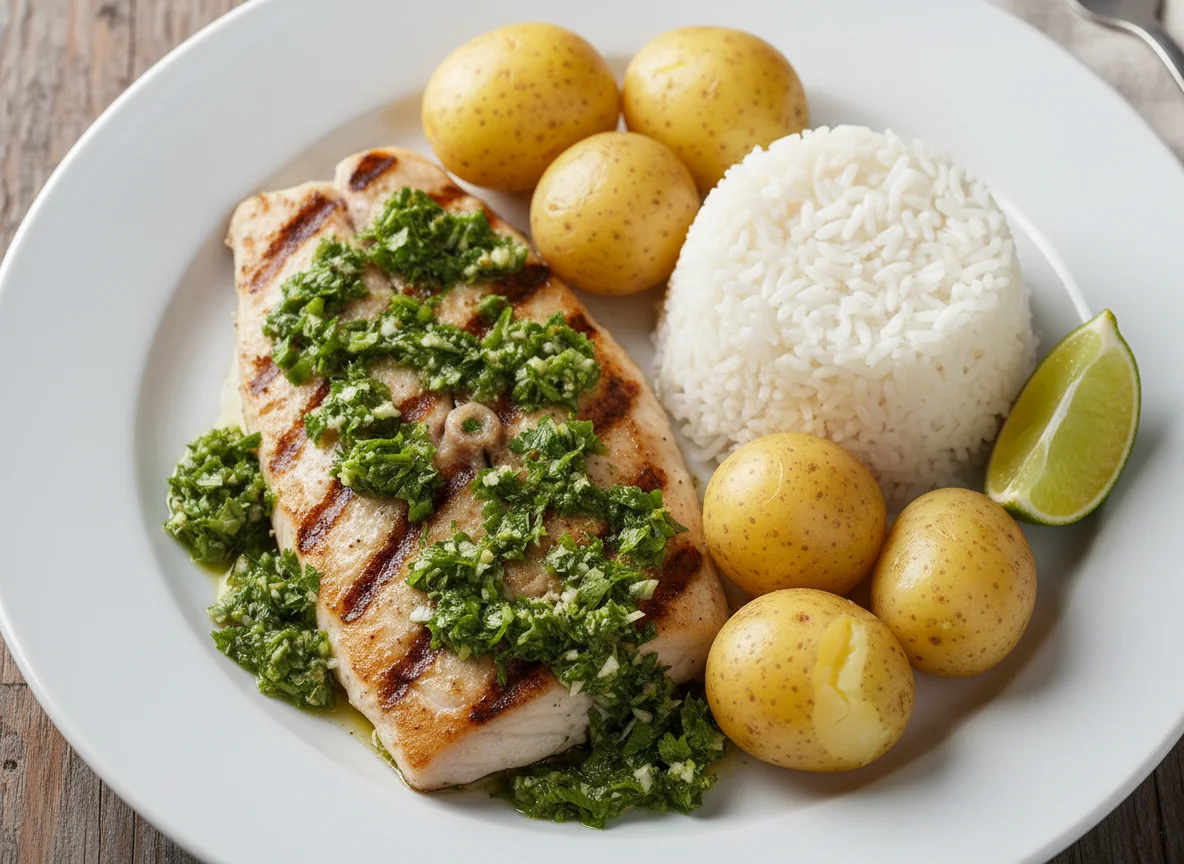 Peixe grelhado com molho verde, arroz e batatas cozidas photo