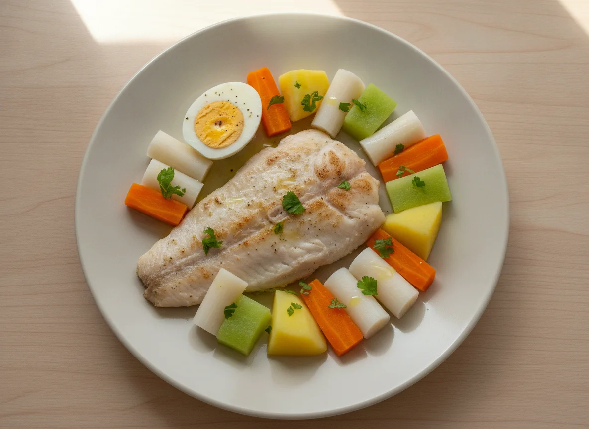 Peixe grelhado com ovo cozido e legumes photo