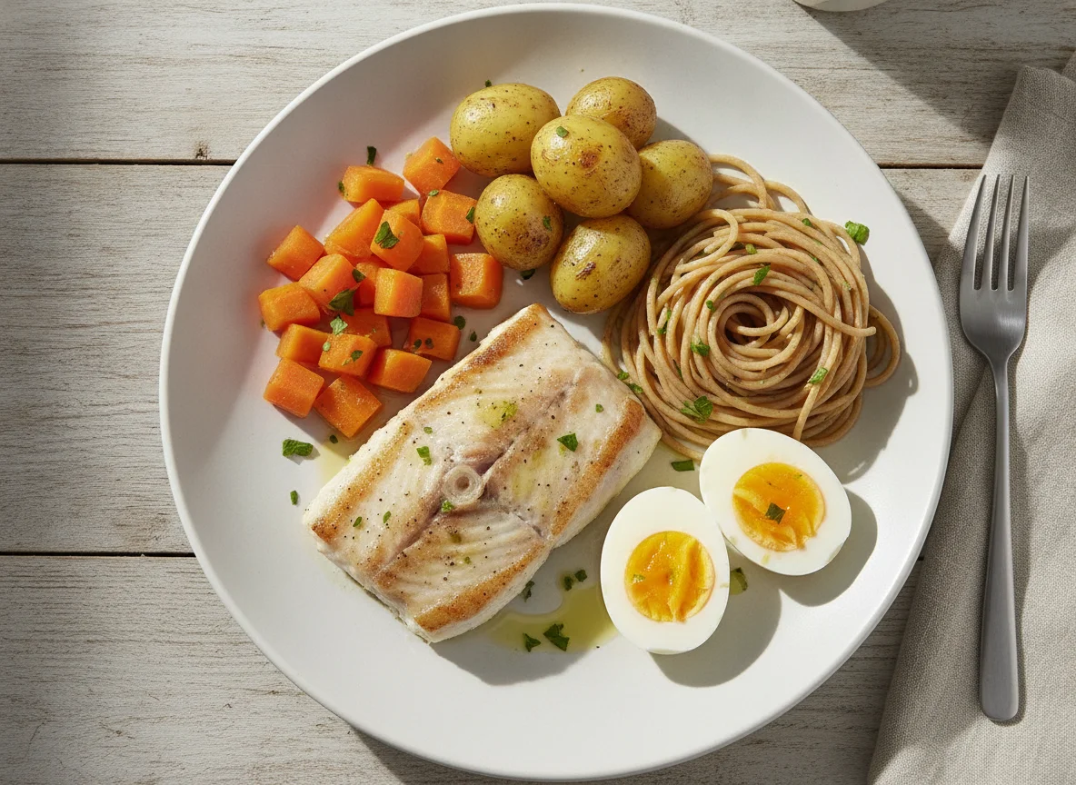Peixe grelhado com ovos, batatas, cenoura e espaguete integral photo