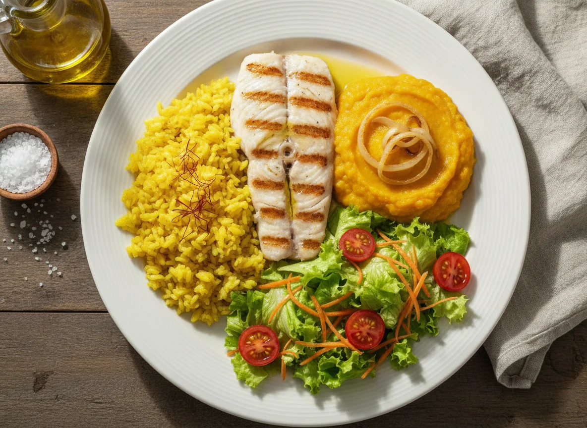 Peixe grelhado com purê de abóbora, arroz de açafrão e salada photo
