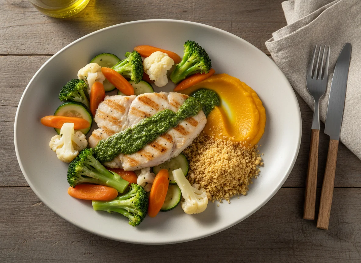 Peixe grelhado com purê de abóbora e legumes salteados photo