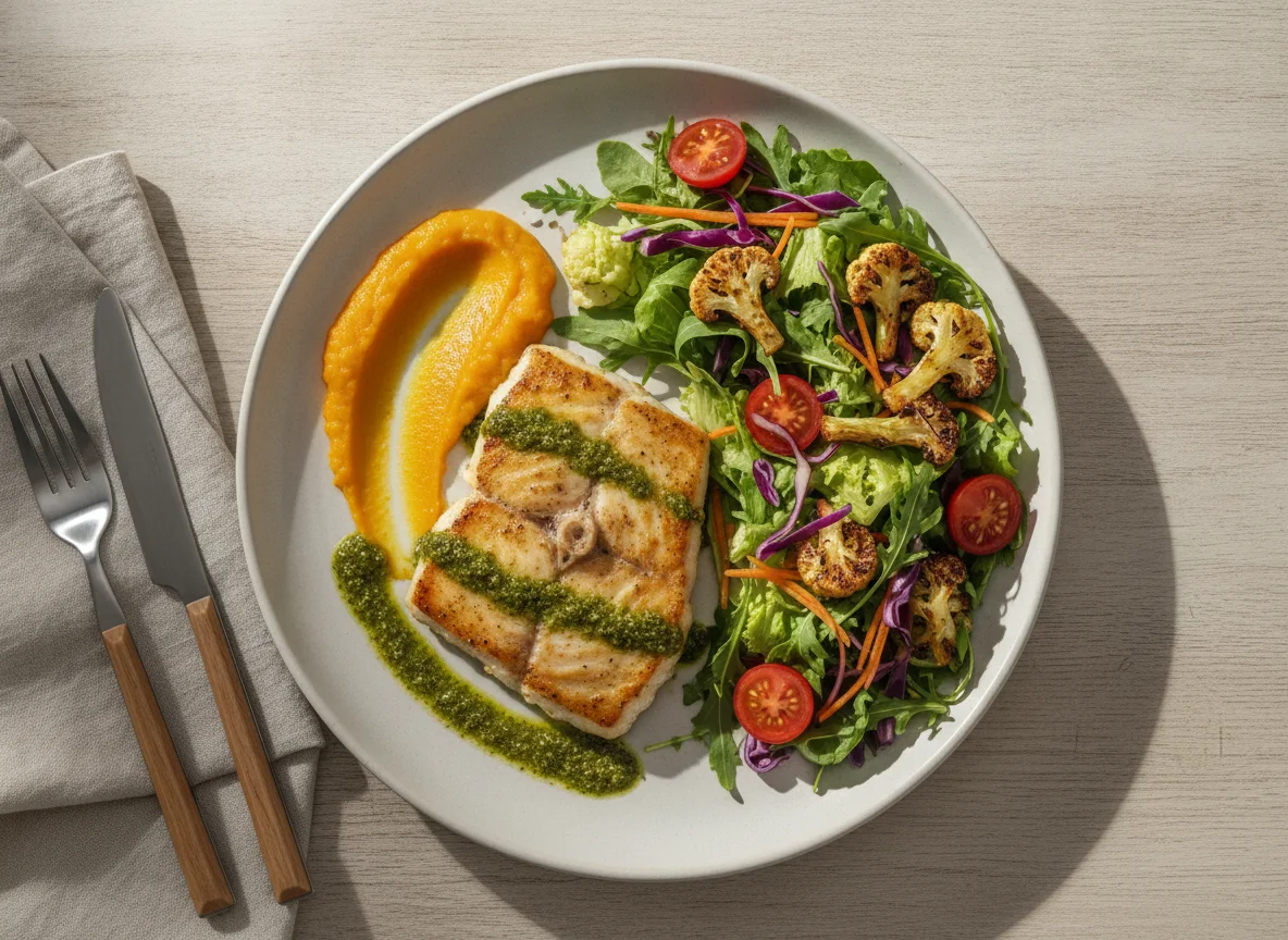 Peixe grelhado com purê de abóbora e salada mista photo