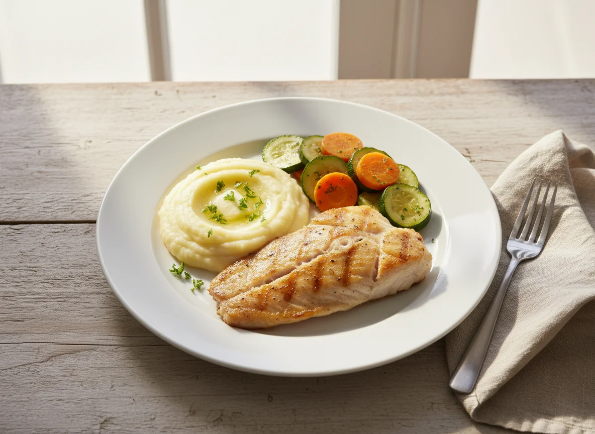 Peixe grelhado com purê de batata e legumes photo
