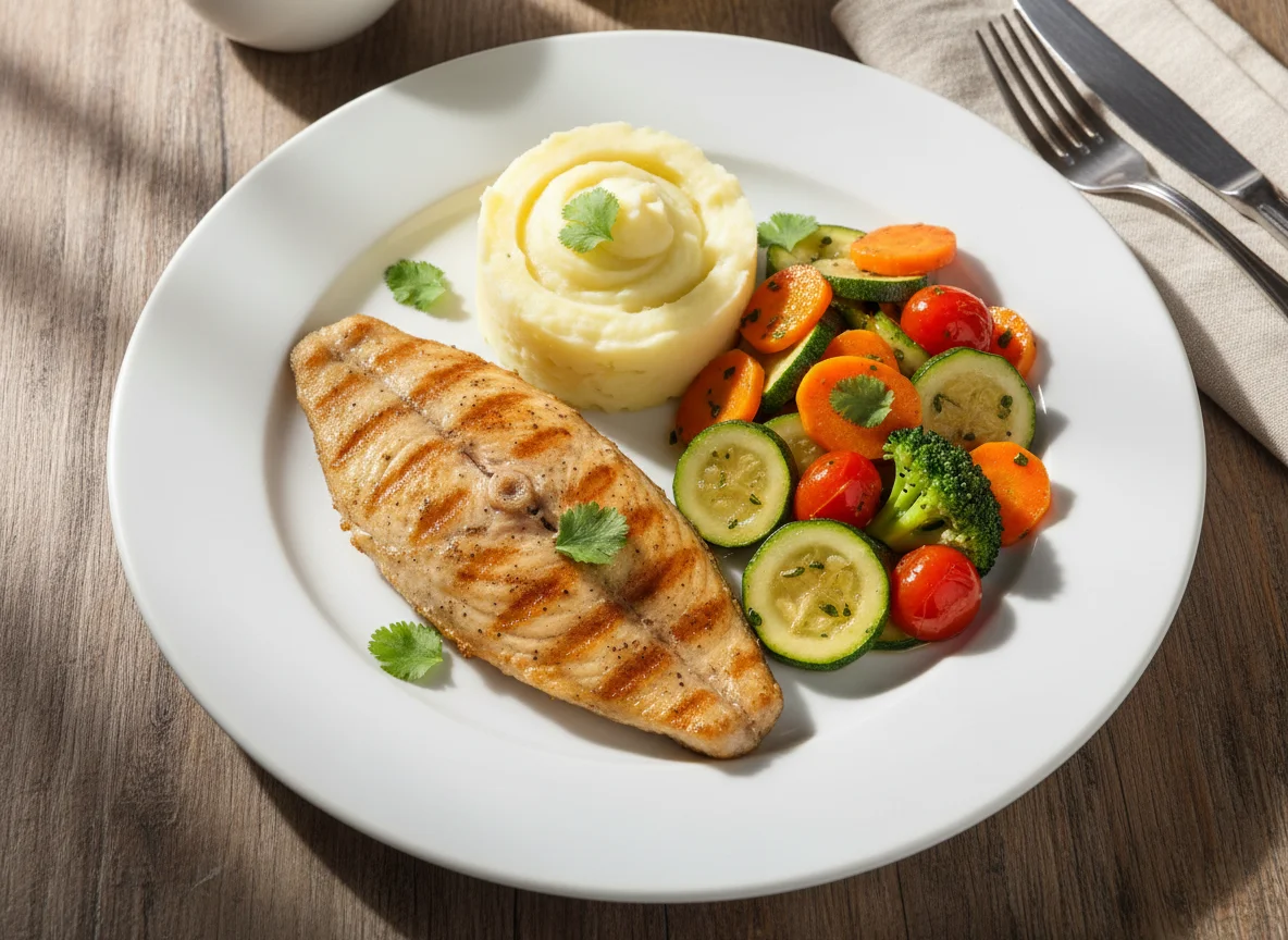 Peixe grelhado com purê de batata e legumes salteados photo